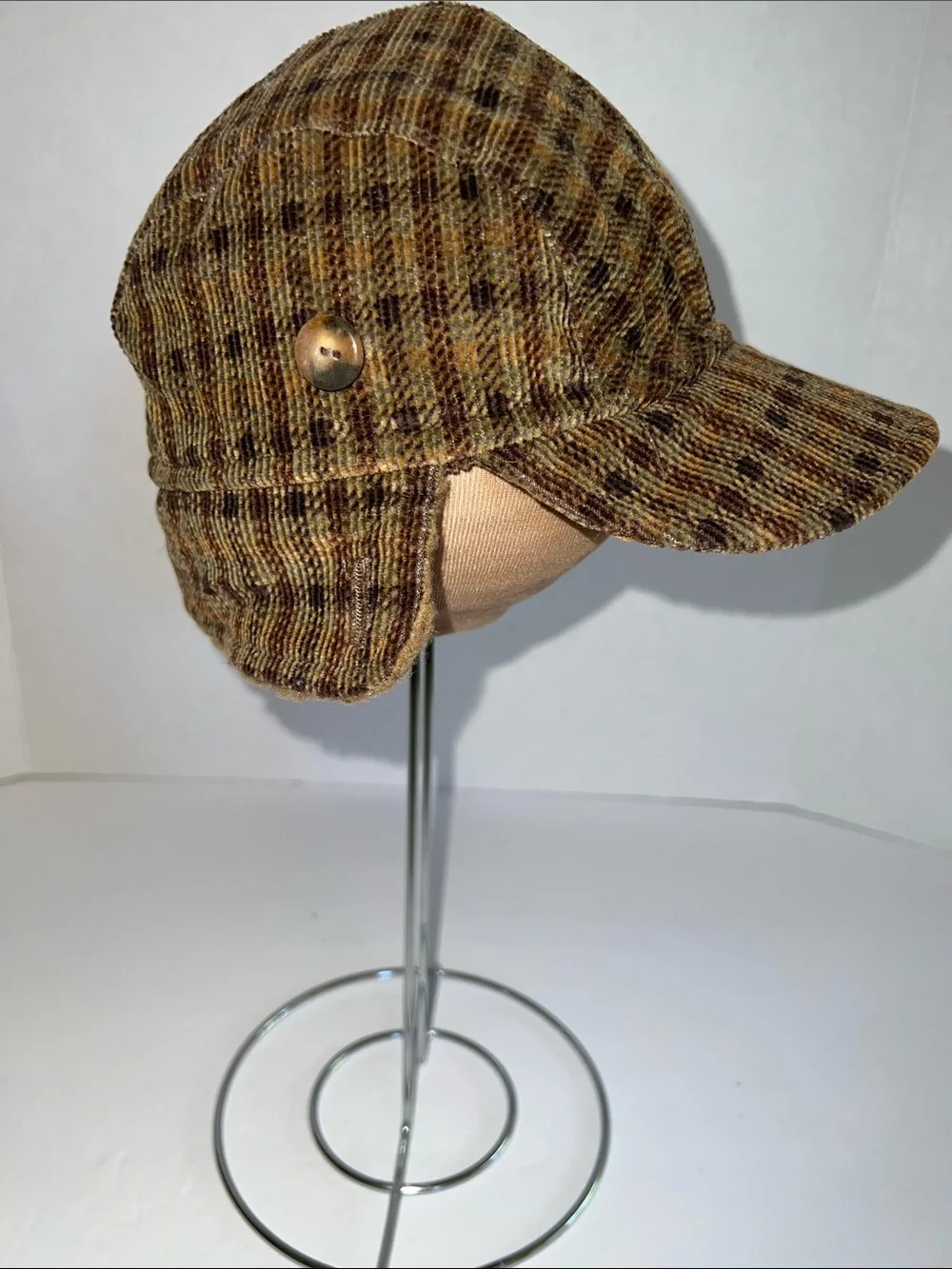Cozy Toes Vintage Brown Plaid Corduroy Cap with Ear Flap - Winter Hat